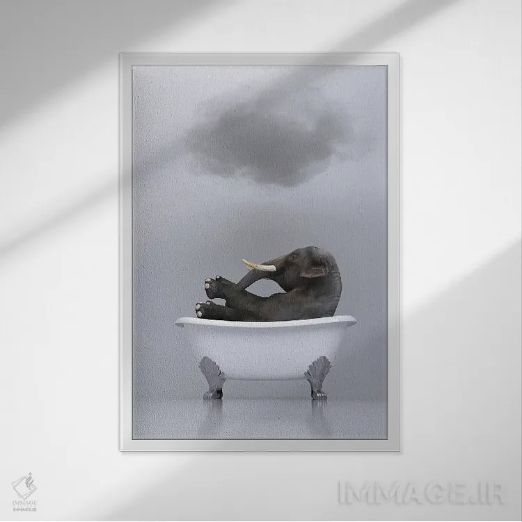 تابلو دکوراتیو فیل در حال استراحت در وان دوم اثر مایک کیف - نمای قابدار سفید