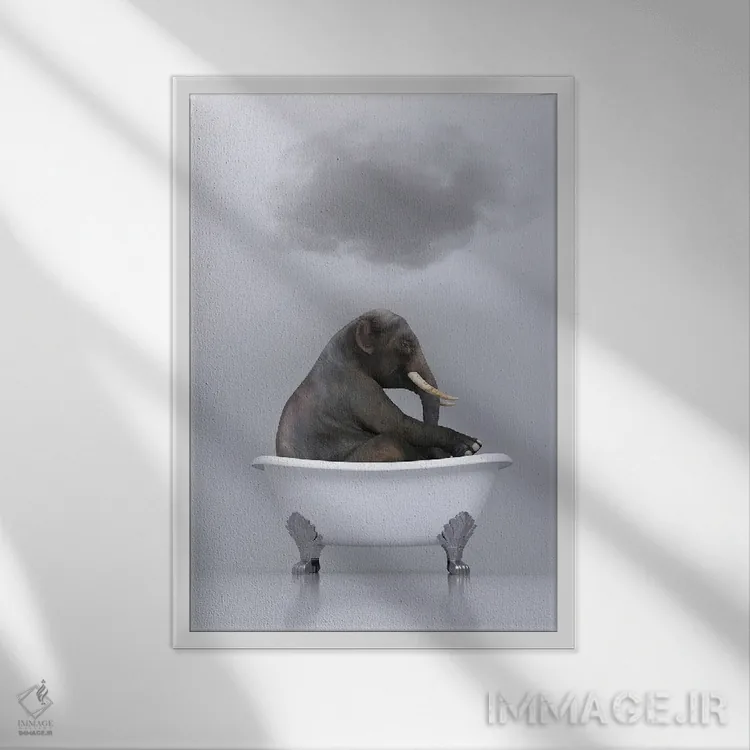 تابلو دکوراتیو فیل در حال استراحت در وان اثر مایک کیف - نمای قابدار سفید