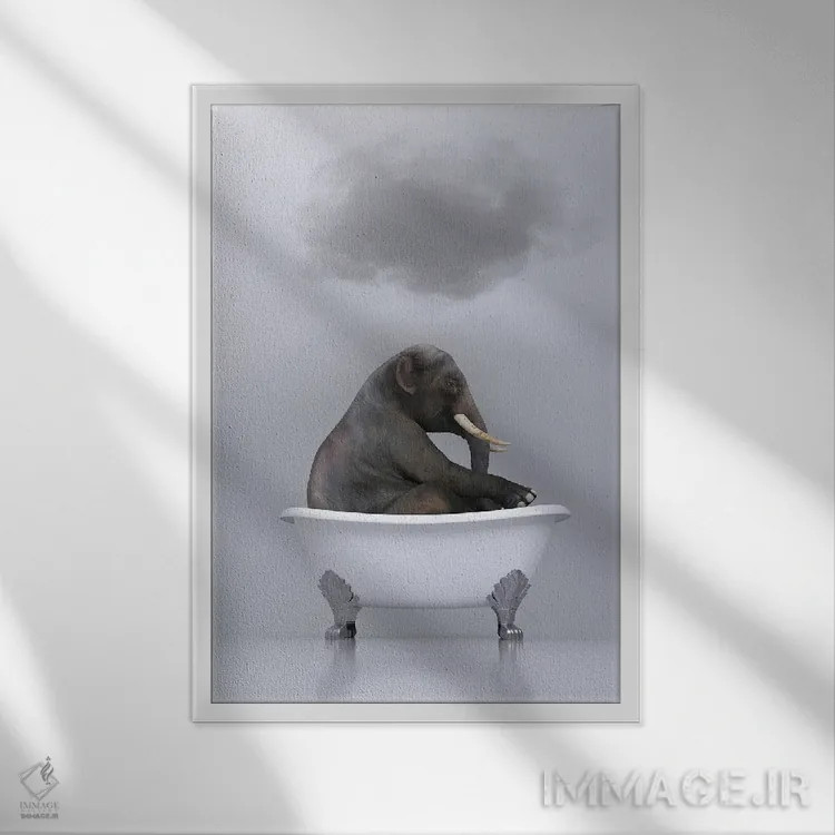 تابلو دکوراتیو فیل در حال استراحت در وان اثر مایک کیف - نمای قابدار سفید