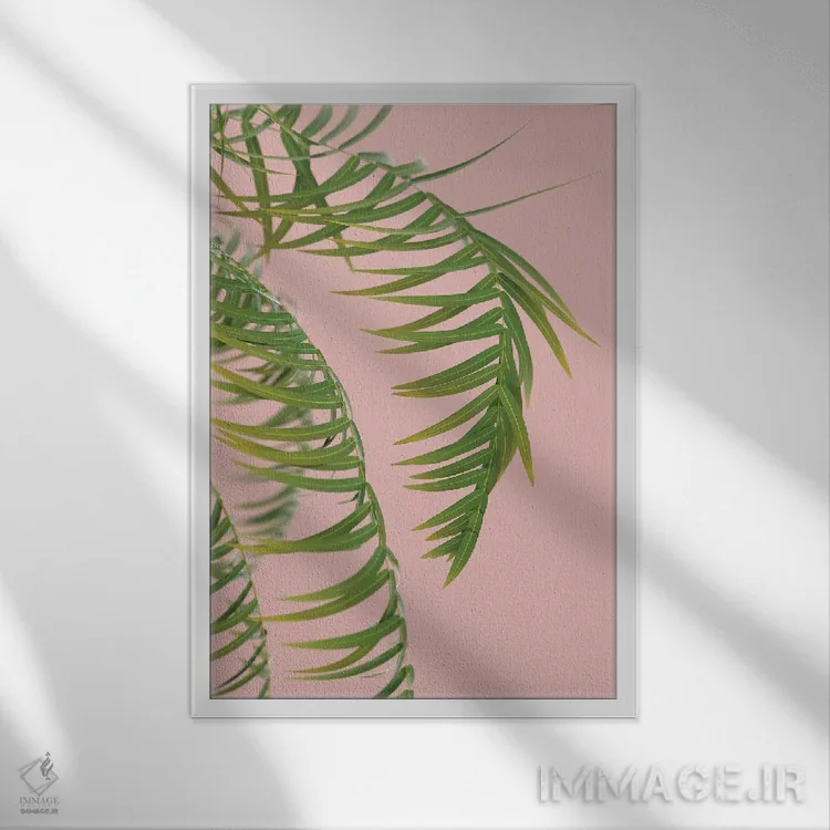 تابلو مینیمال شاخه نخل بر پس زمینه هلو سوم اثر مایک کیف - نمای قابدار سفید