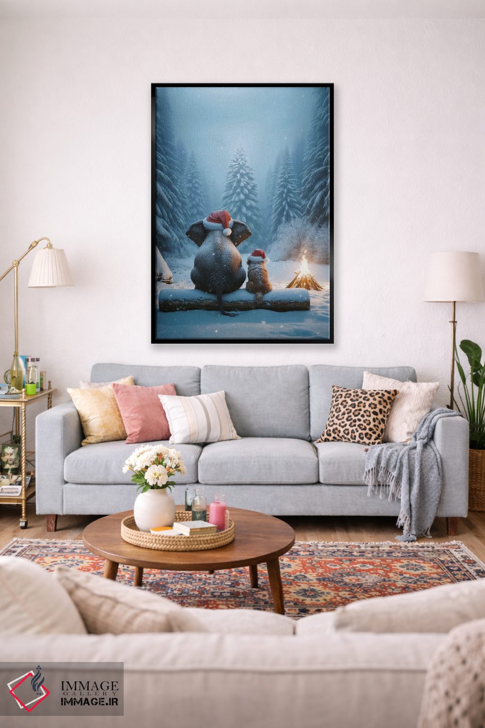 تابلو دکوراتیو فیل و سگ در جنگل نشسته و به درخت کریسمس نگاه می کنند اثر مایک کیف - D1B