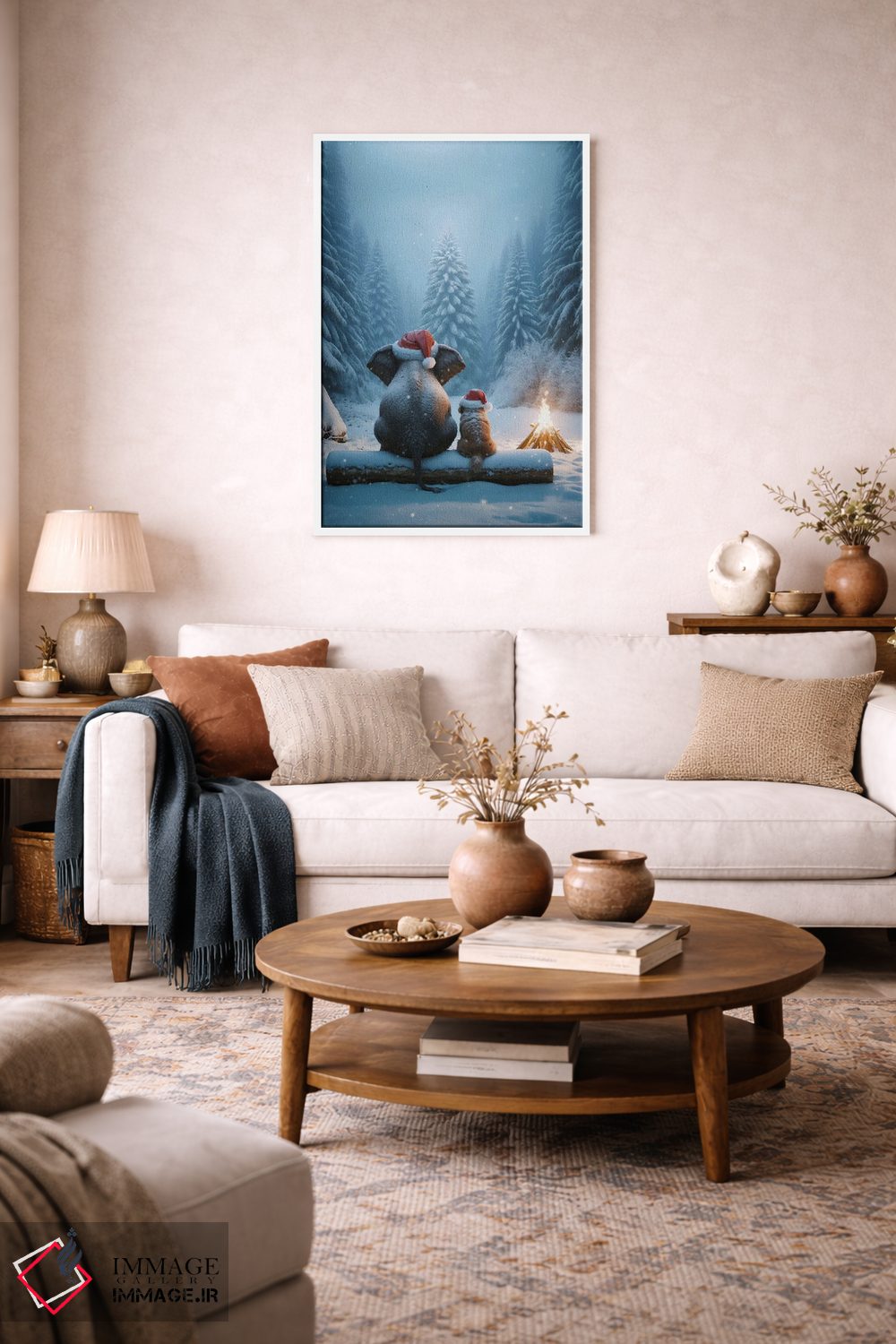 تابلو دکوراتیو فیل و سگ در جنگل نشسته و به درخت کریسمس نگاه می کنند اثر مایک کیف - D2W