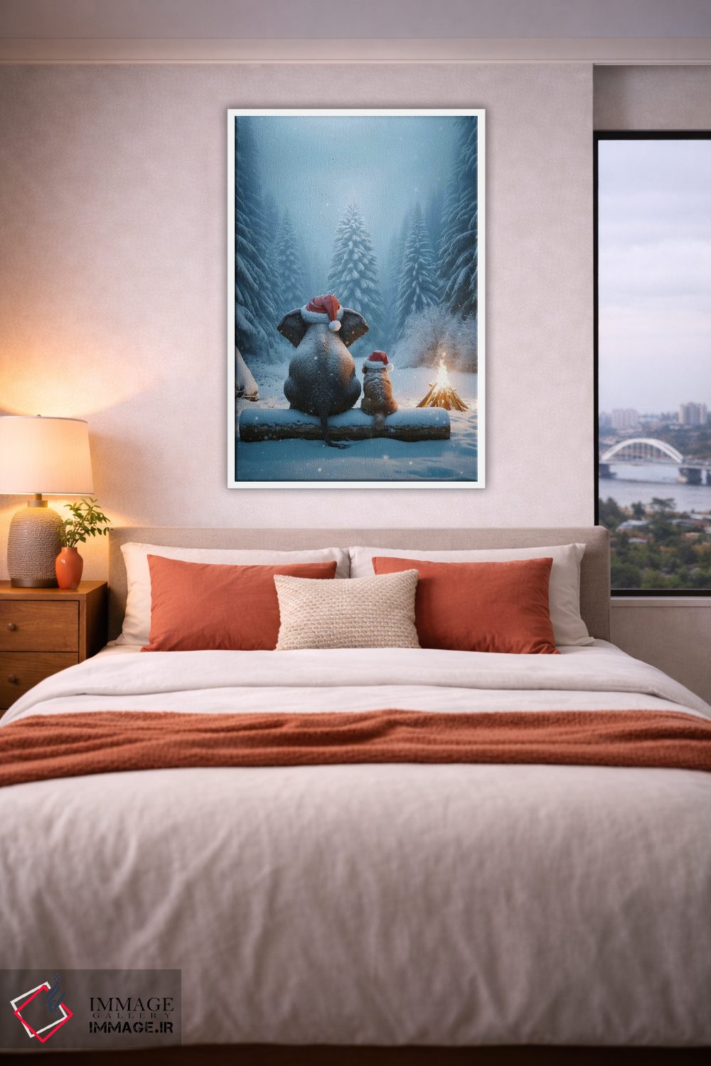 تابلو دکوراتیو فیل و سگ در جنگل نشسته و به درخت کریسمس نگاه می کنند اثر مایک کیف - D4W