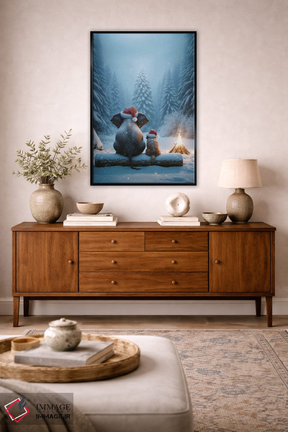 تابلو دکوراتیو فیل و سگ در جنگل نشسته و به درخت کریسمس نگاه می کنند اثر مایک کیف - D5B