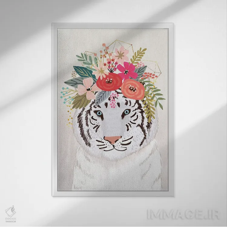 تابلو دکوراتیو ببر سفید اثر میا چارو - نمای قابدار سفید