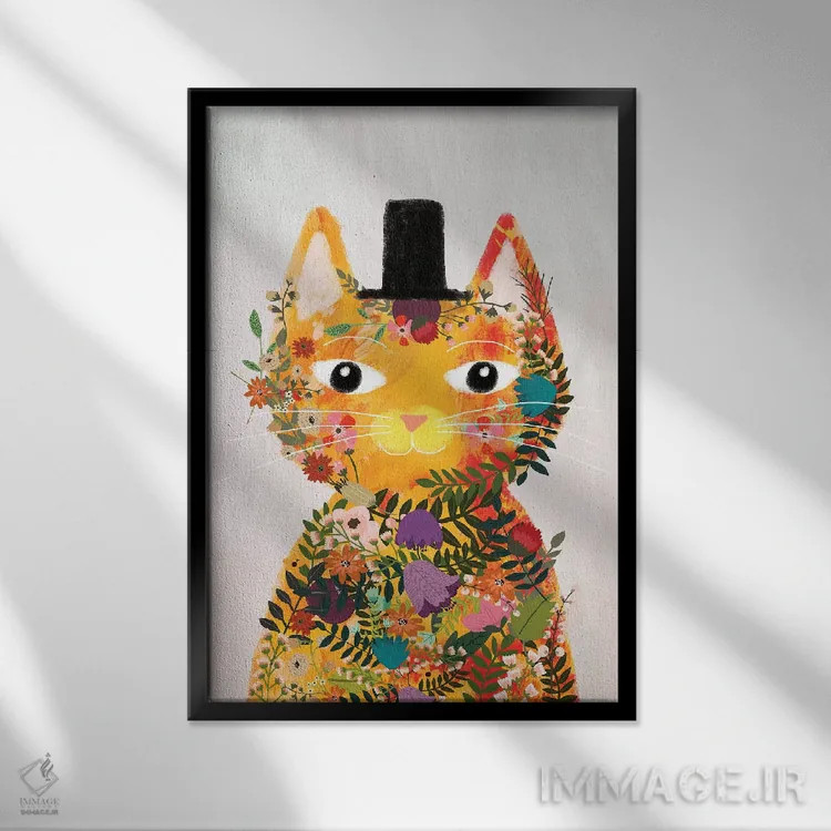 تابلو دکوراتیو گربه گل اول اثر میا چارو - نمای قابدار مشکی