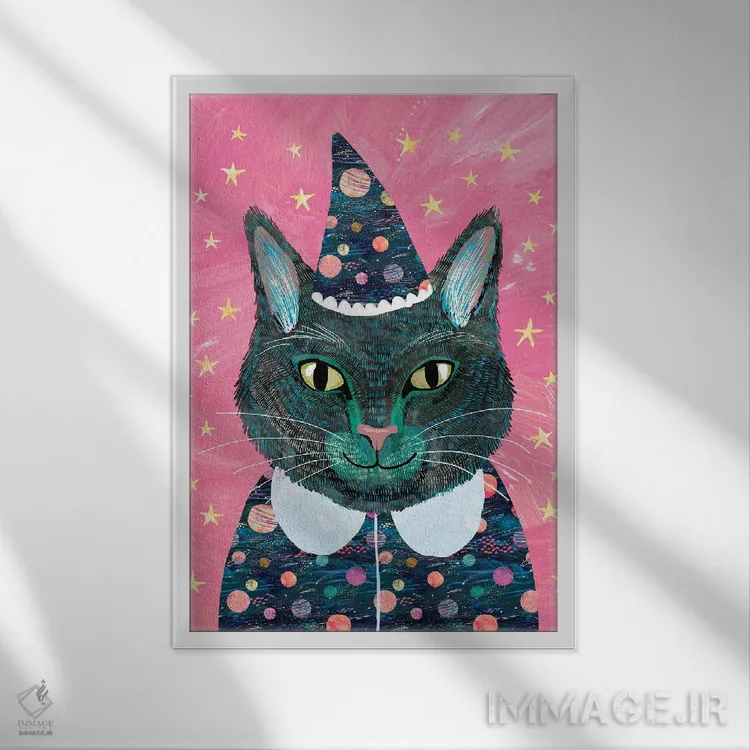 تابلو دکوراتیو گربه سیاه اثر میا چارو - نمای قابدار سفید