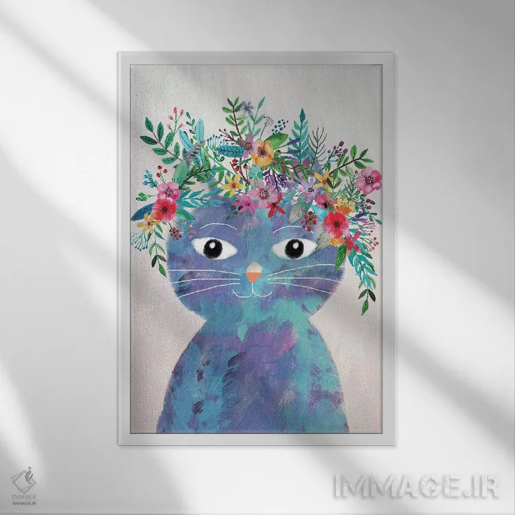 تابلو دکوراتیو گربه گل دوم اثر میا چارو - نمای قابدار سفید