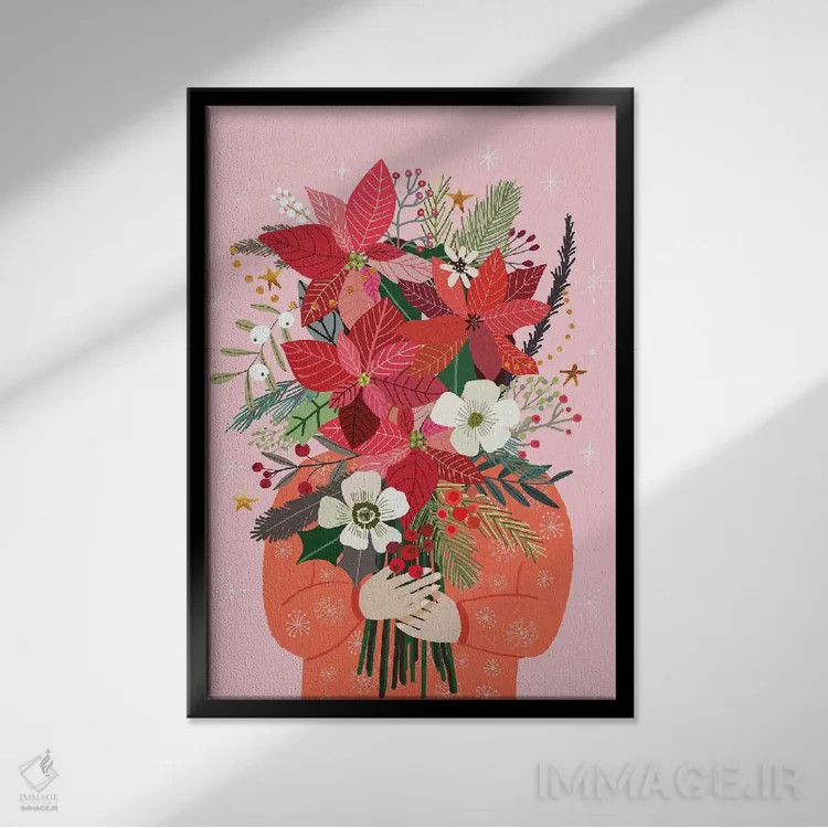 تابلو دکوراتیو دسته گل کریسمس اثر میا چارو - نمای قابدار مشکی