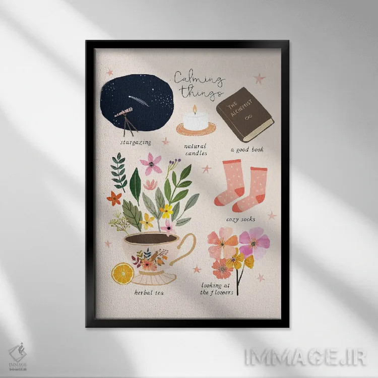 تابلو دکوراتیو چیزهای آرام بخش اثر میا چارو - نمای قابدار مشکی