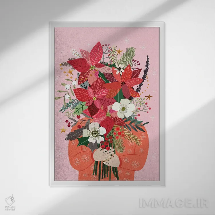 تابلو دکوراتیو دسته گل کریسمس اثر میا چارو - نمای قابدار سفید