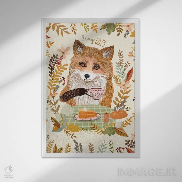 تابلو دکوراتیو چای روباه ۵ اثر میا چارو - نمای قابدار سفید