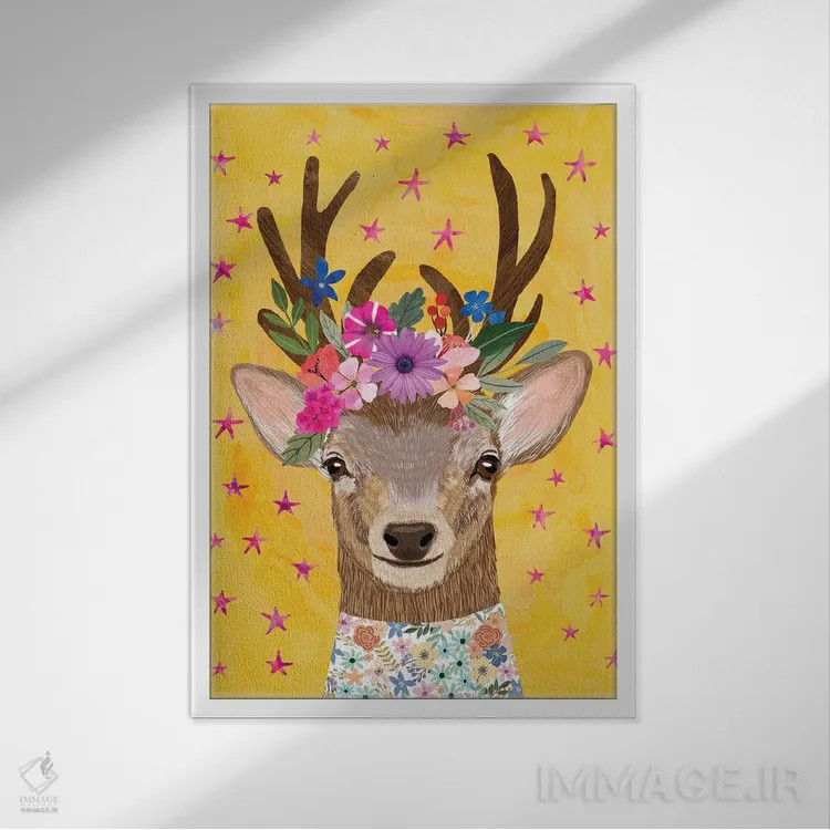 تابلو دکوراتیو گوزن جادویی اثر میا چارو - نمای قابدار سفید