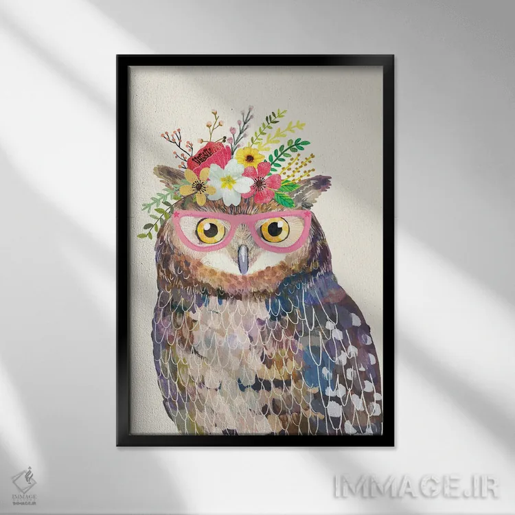 تابلو دکوراتیو جغد سفید اثر میا چارو - نمای قابدار مشکی