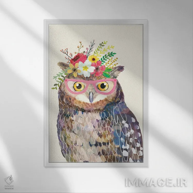 تابلو دکوراتیو جغد سفید اثر میا چارو - نمای قابدار سفید