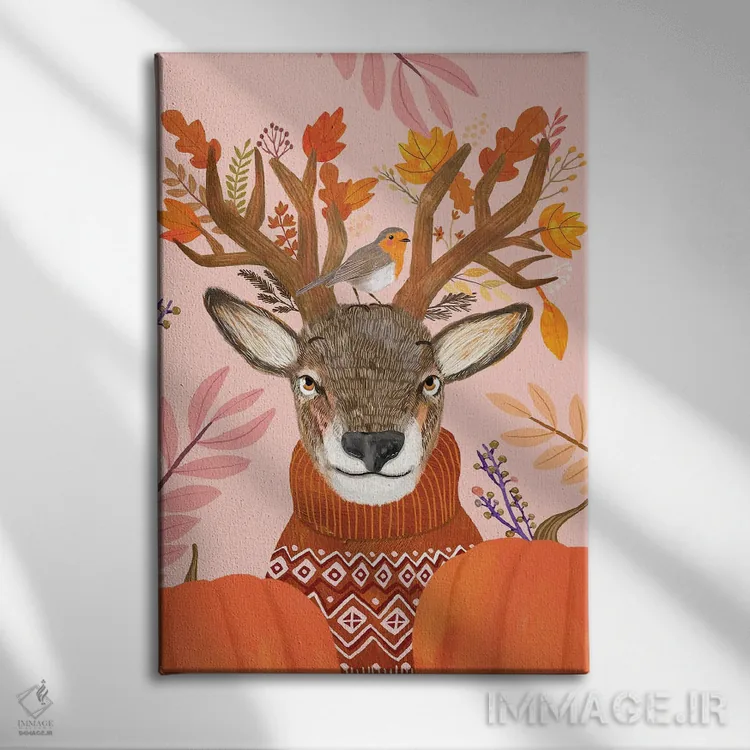 تابلو دکوراتیو گوزن شمالی صورتی اثر میا چارو - نمای روبهرو روی دیوار