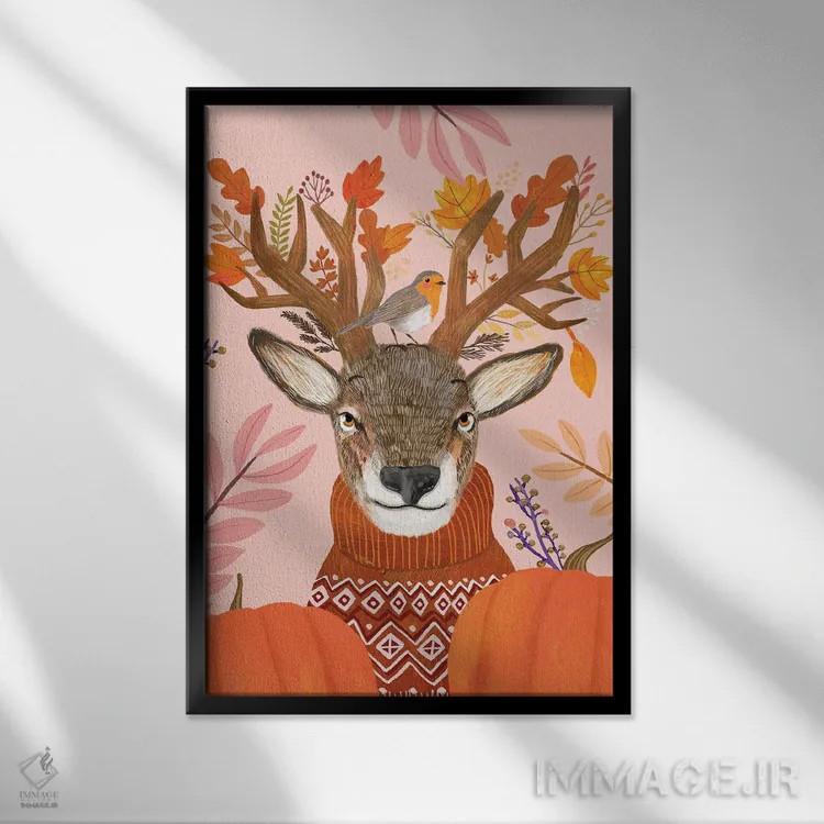 تابلو دکوراتیو گوزن شمالی صورتی اثر میا چارو - نمای قابدار مشکی