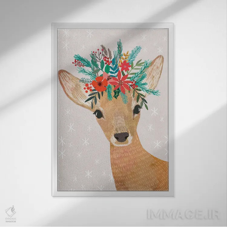 تابلو دکوراتیو گوزن کریسمس اثر میا چارو - نمای قابدار سفید