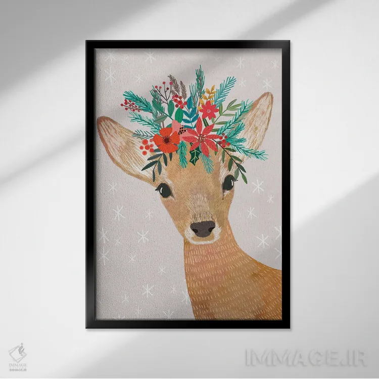 تابلو دکوراتیو گوزن کریسمس اثر میا چارو - نمای قابدار مشکی