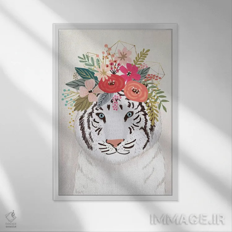 تابلو دکوراتیو ببر سفید اثر میا چارو - نمای قابدار سفید
