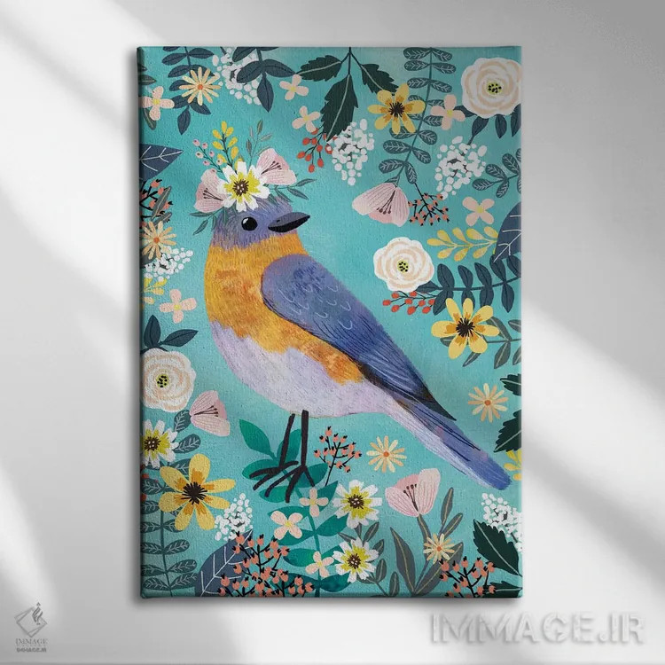 تابلو دکوراتیو پرنده آبی اثر میا چارو - نمای روبهرو روی دیوار