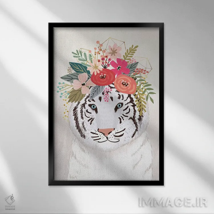 تابلو دکوراتیو ببر سفید اثر میا چارو - نمای قابدار مشکی