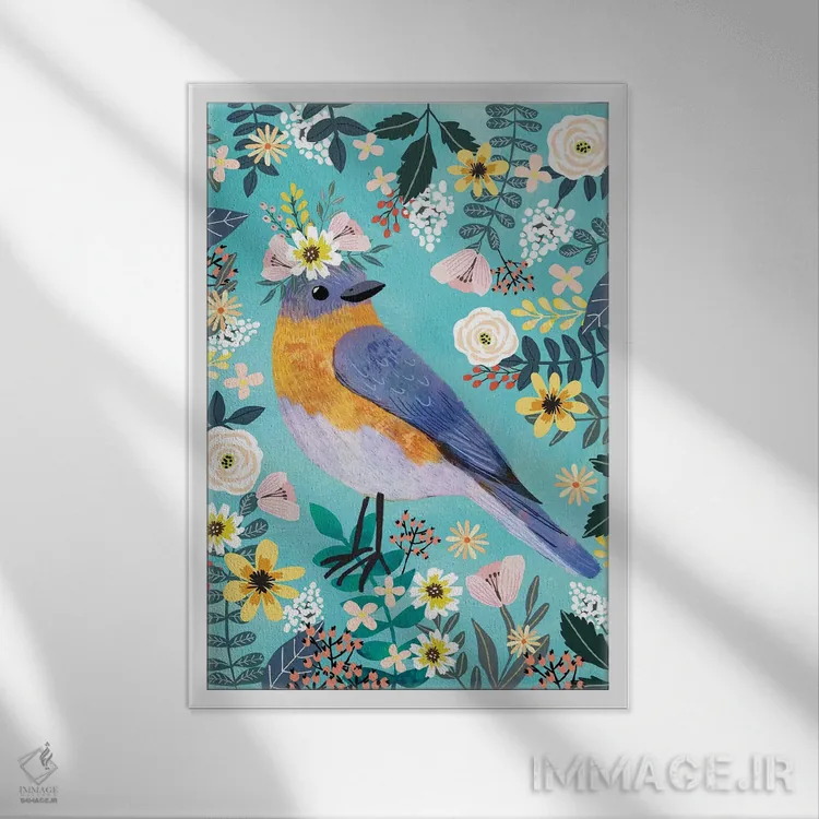 تابلو دکوراتیو پرنده آبی اثر میا چارو - نمای قابدار سفید