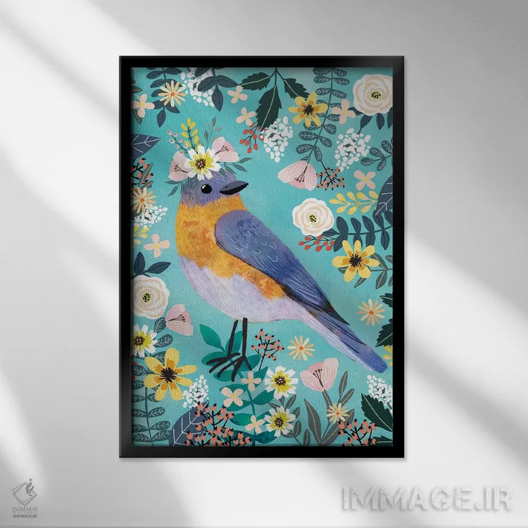تابلو دکوراتیو پرنده آبی اثر میا چارو - نمای قابدار مشکی