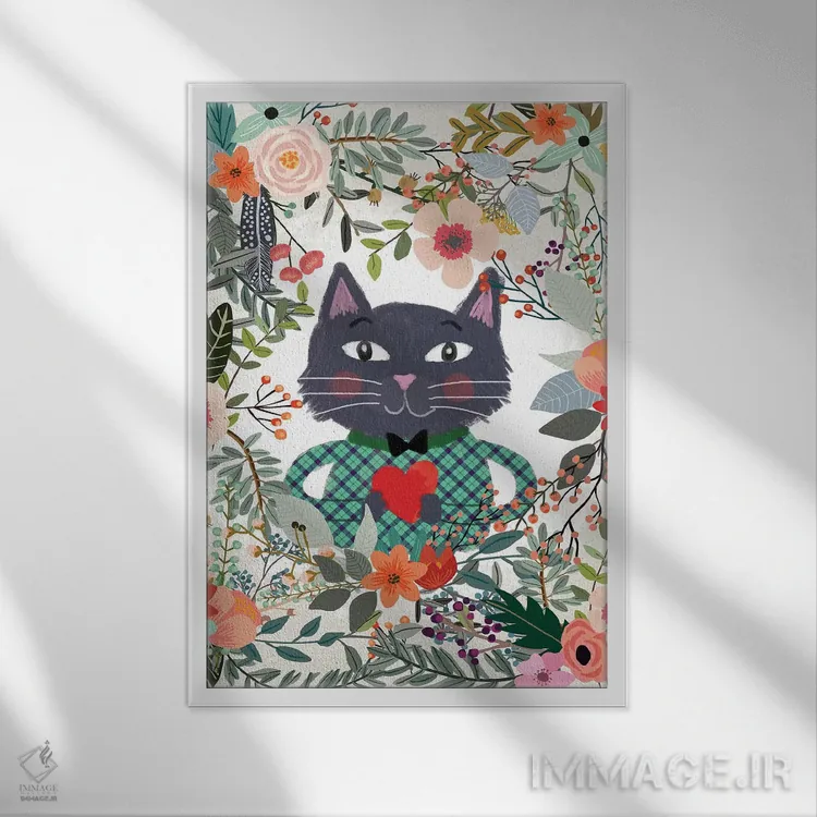 تابلو دکوراتیو گربه و قلب اثر میا چارو - نمای قابدار سفید