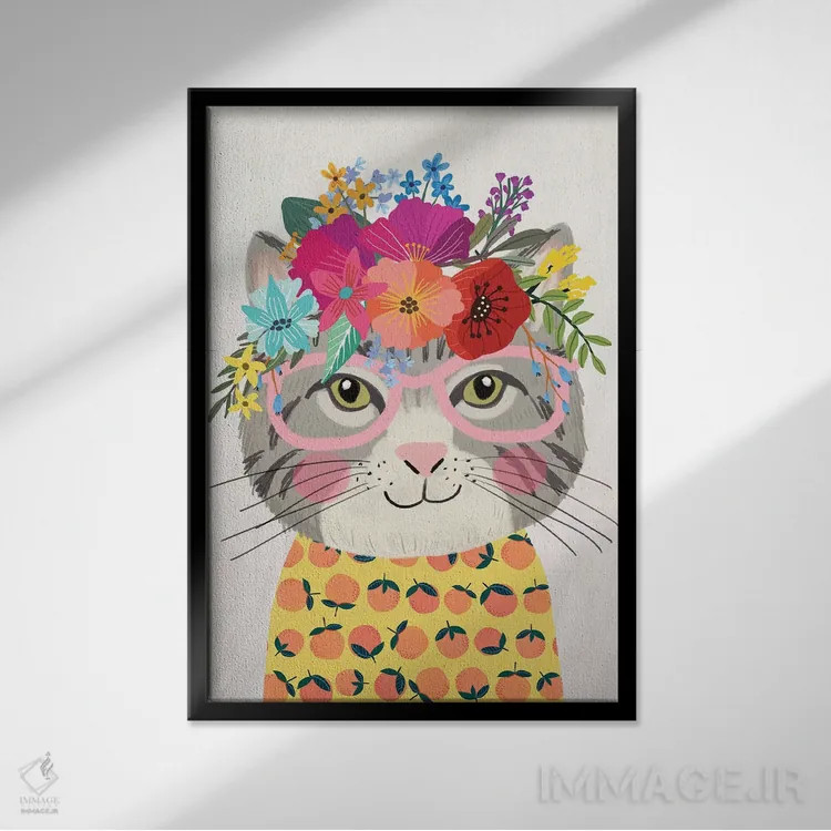 تابلو دکوراتیو گربه خاکستری ۲ اثر میا چارو - نمای قابدار مشکی