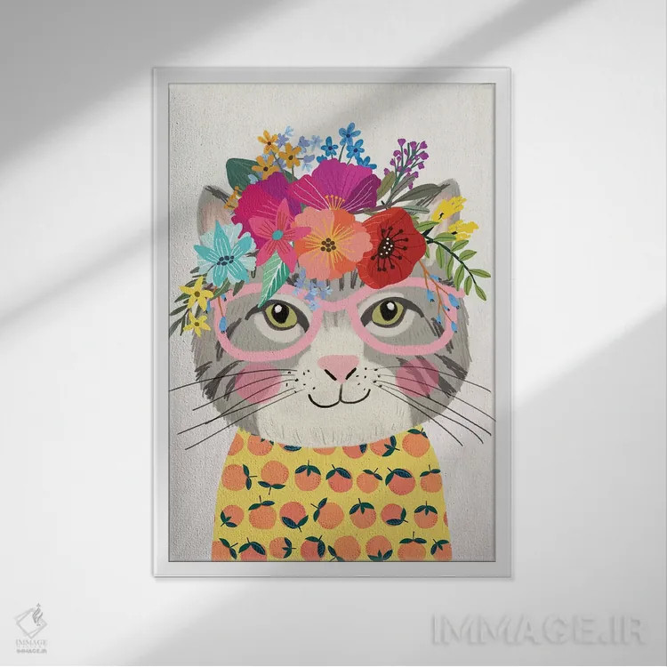 تابلو دکوراتیو گربه خاکستری ۲ اثر میا چارو - نمای قابدار سفید