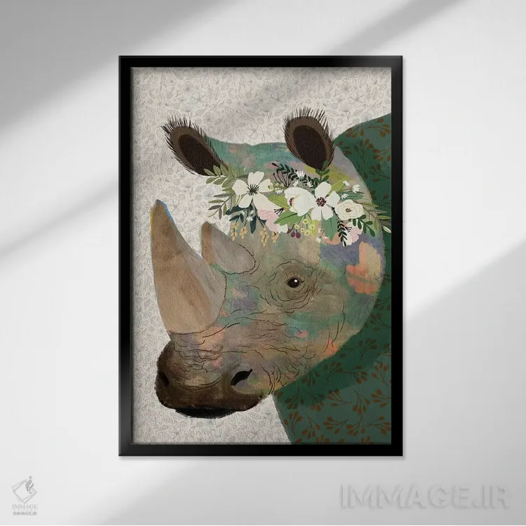 تابلو دکوراتیو کرگدن اثر میا چارو - نمای قابدار مشکی