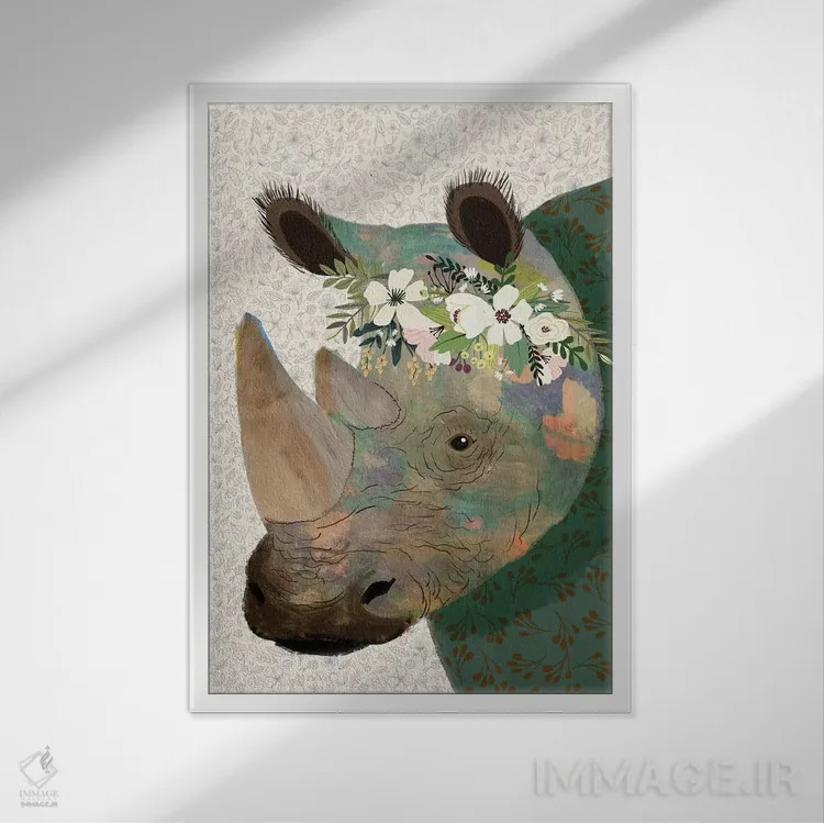 تابلو دکوراتیو کرگدن اثر میا چارو - نمای قابدار سفید