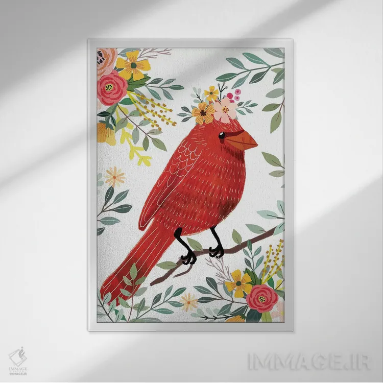 تابلو دکوراتیو پرنده قرمز اثر میا چارو - نمای قابدار سفید