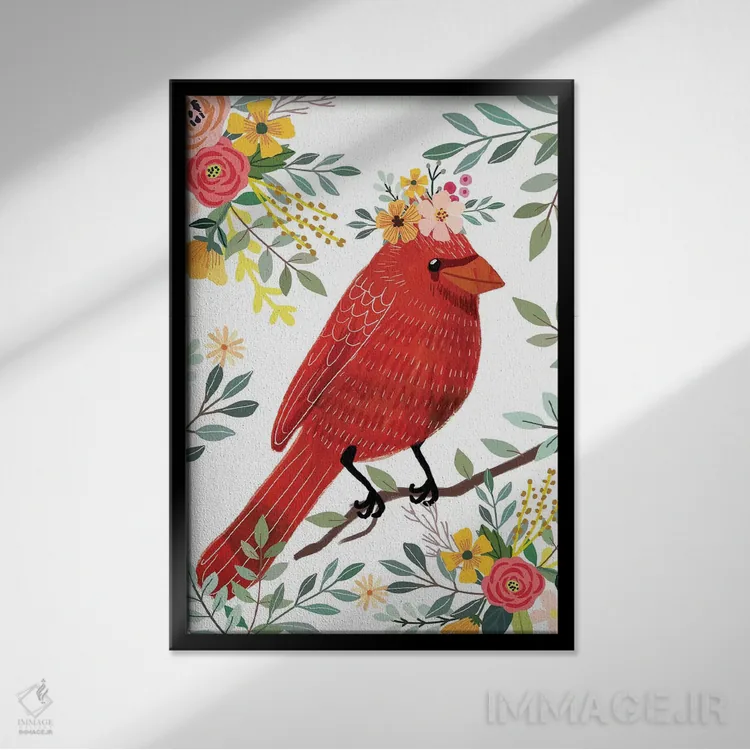 تابلو دکوراتیو پرنده قرمز اثر میا چارو - نمای قابدار مشکی