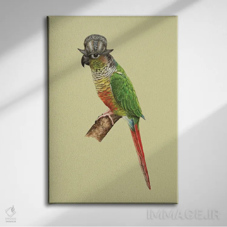 تابلو دکوراتیو طوطی کوچک سبزرنگ گونه دار اثر میخائیل ودرنیکوف - نمای روبهرو روی دیوار