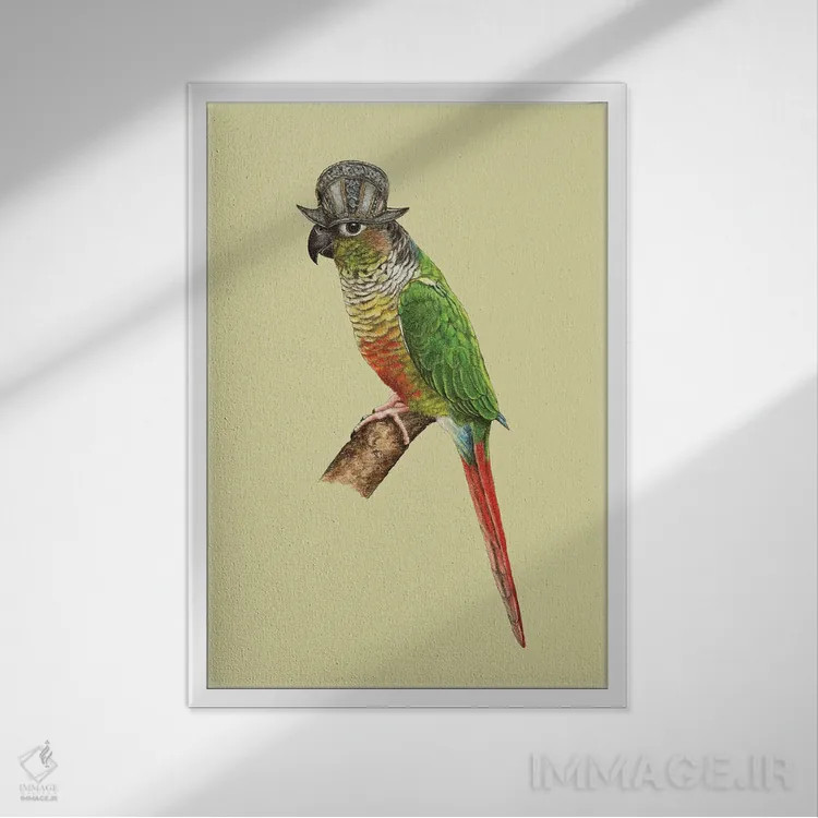 تابلو دکوراتیو طوطی کوچک سبزرنگ گونه دار اثر میخائیل ودرنیکوف - نمای قابدار سفید