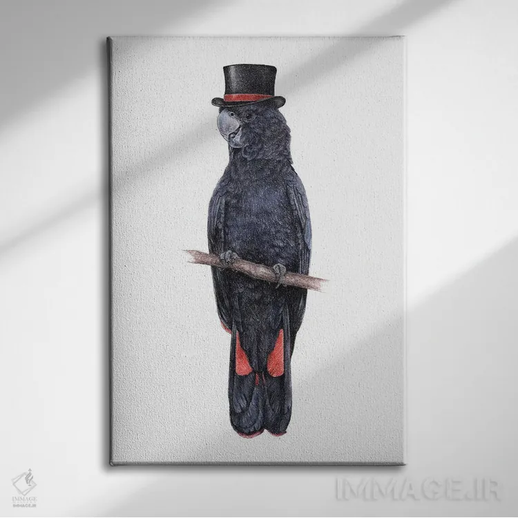 تابلو دکوراتیو کاکاتو سیاه دم قرمز اثر میخائیل ودرنیکوف - نمای روبهرو روی دیوار