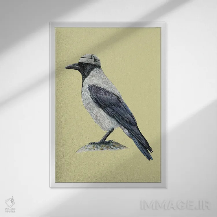 تابلو دکوراتیو کلاغ کاپوش دار ۲ اثر میخائیل ودرنیکوف - نمای قابدار سفید