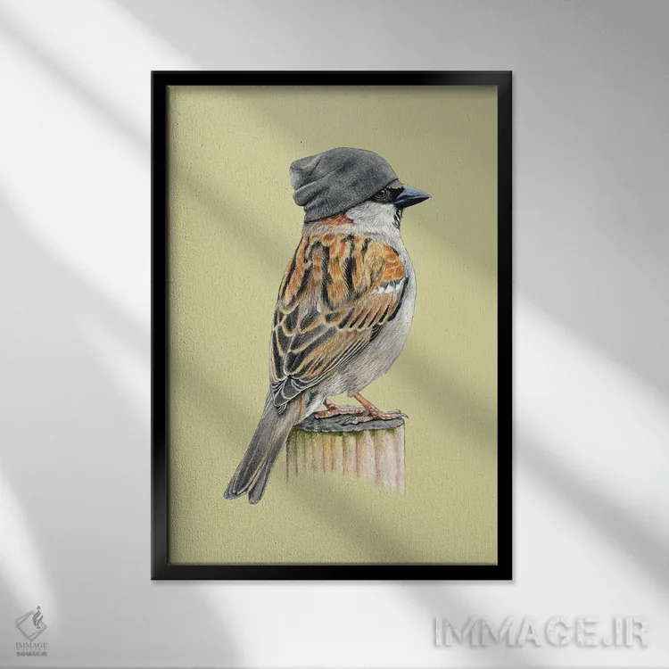 تابلو دکوراتیو گنجشک درختی ۲ اثر میخائیل ودرنیکوف - نمای قابدار مشکی