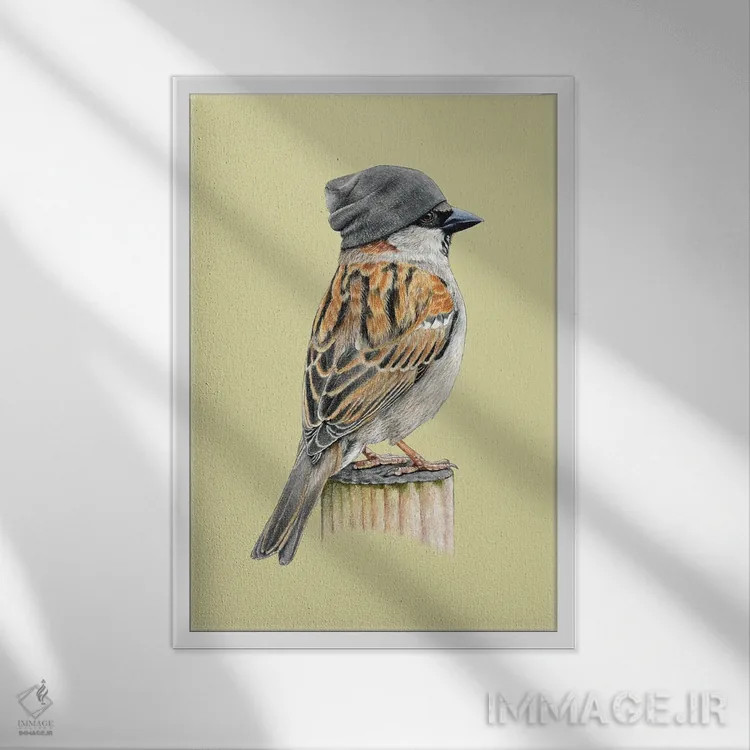 تابلو دکوراتیو گنجشک درختی ۲ اثر میخائیل ودرنیکوف - نمای قابدار سفید