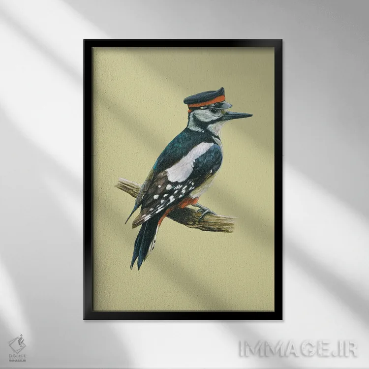 تابلو دکوراتیو "دارکوب خال دار بزرگ" اثر میخائیل ودرنیکوف - نمای قابدار مشکی