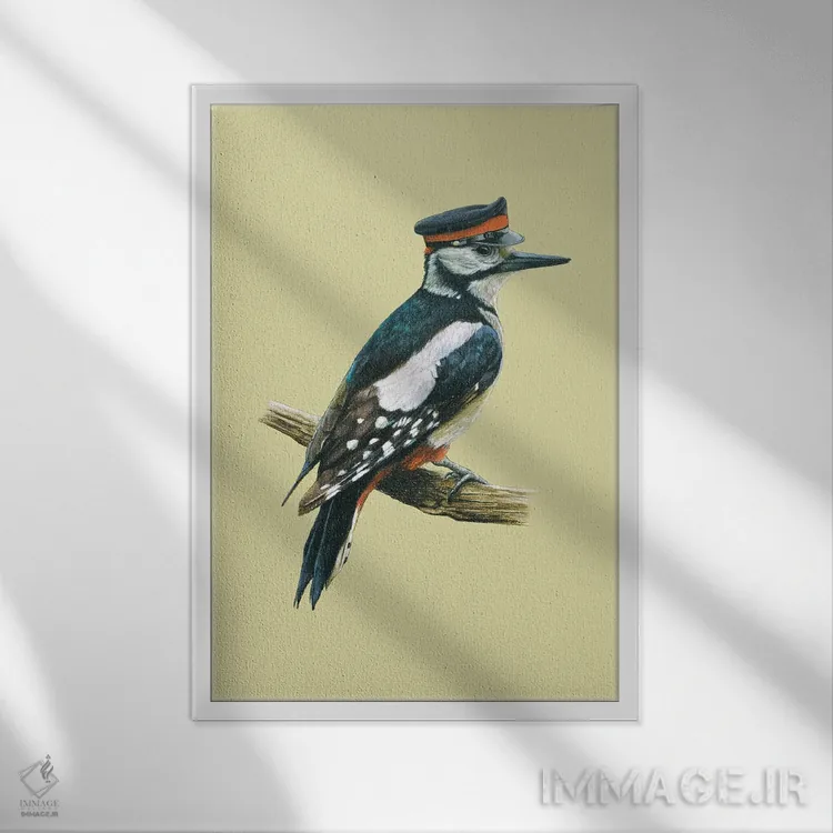 تابلو دکوراتیو "دارکوب خال دار بزرگ" اثر میخائیل ودرنیکوف - نمای قابدار سفید