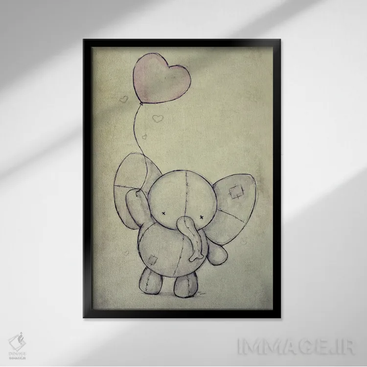 تابلو دکوراتیو فیل بامزه با یک بادکنک اثر مایک کوبو - نمای قابدار مشکی