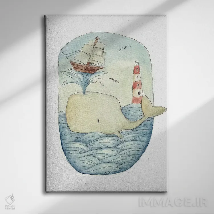 تابلو دکوراتیو نهنگ بامزه در دریا اثر مایک کوبو - نمای روبهرو روی دیوار