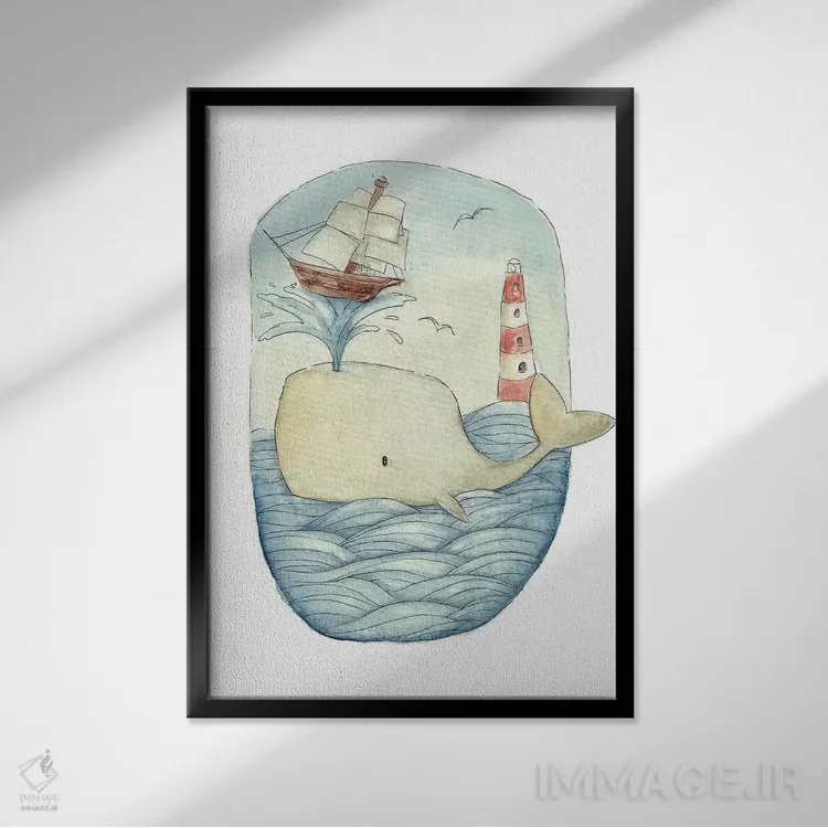 تابلو دکوراتیو نهنگ بامزه در دریا اثر مایک کوبو - نمای قابدار مشکی