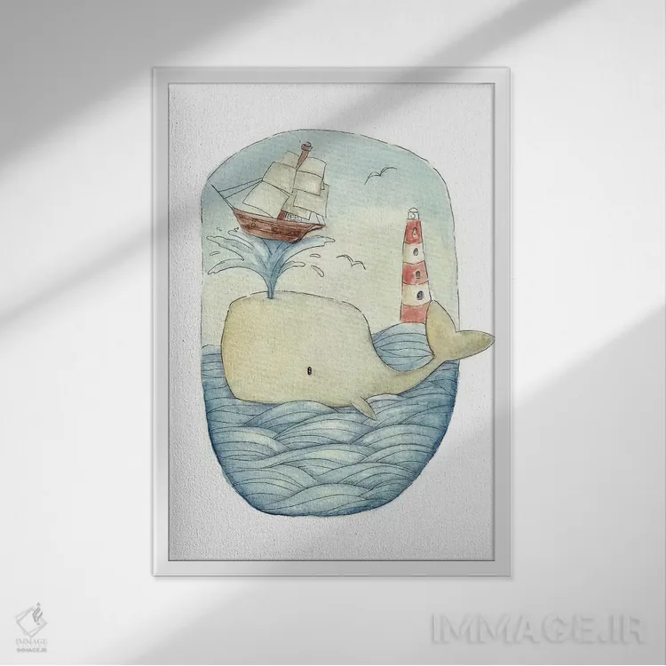 تابلو دکوراتیو نهنگ بامزه در دریا اثر مایک کوبو - نمای قابدار سفید