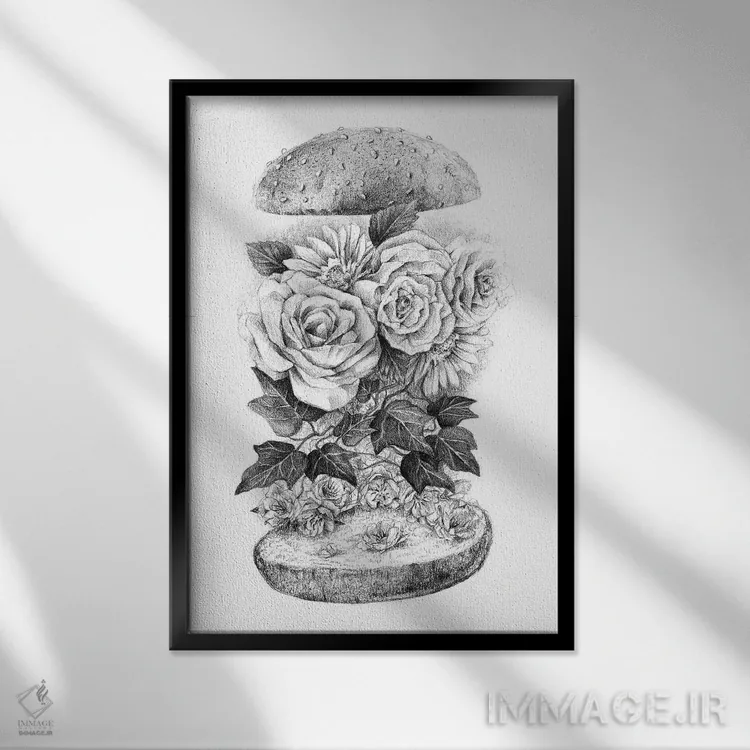 تابلو دکوراتیو برگر گل اثر مایک کوبو - نمای قابدار مشکی