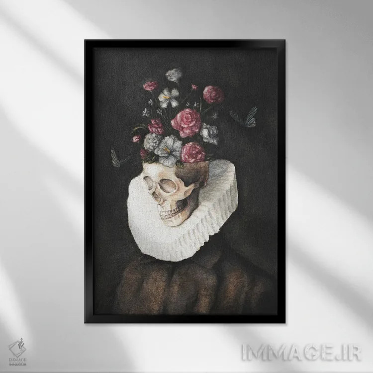تابلو دکوراتیو جمجمه گل ها اثر مایک کوبو - نمای قابدار مشکی