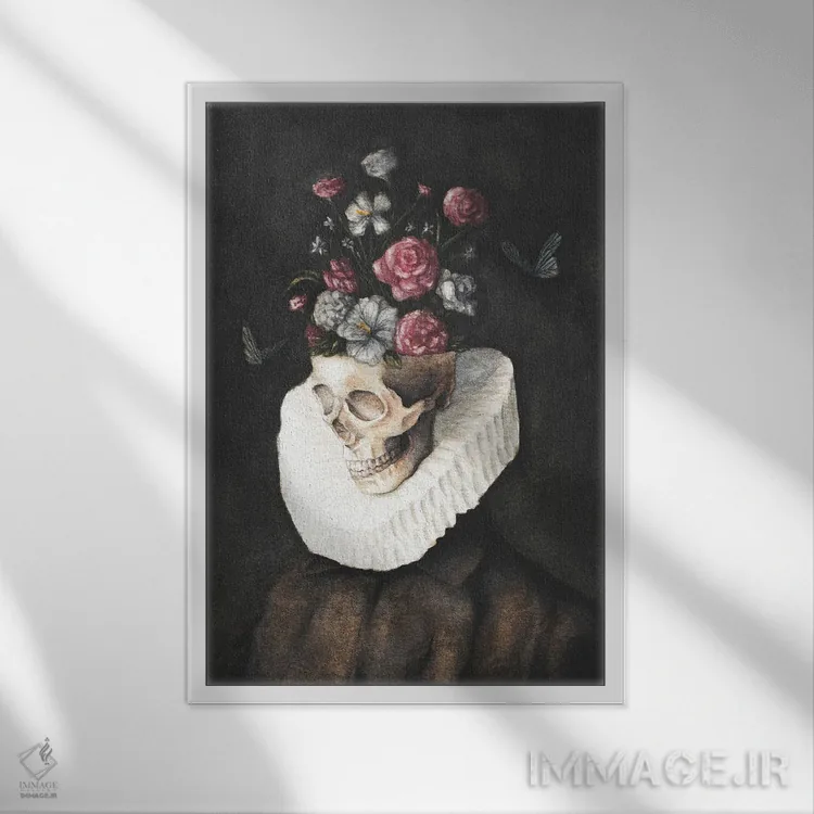 تابلو دکوراتیو جمجمه گل ها اثر مایک کوبو - نمای قابدار سفید